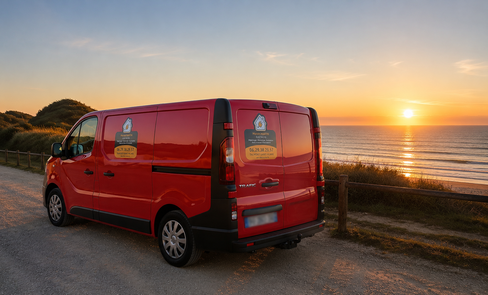 Utilitaire Marvin MARTIN Électricité — Renault Trafic rouge sur la côte vendéenne